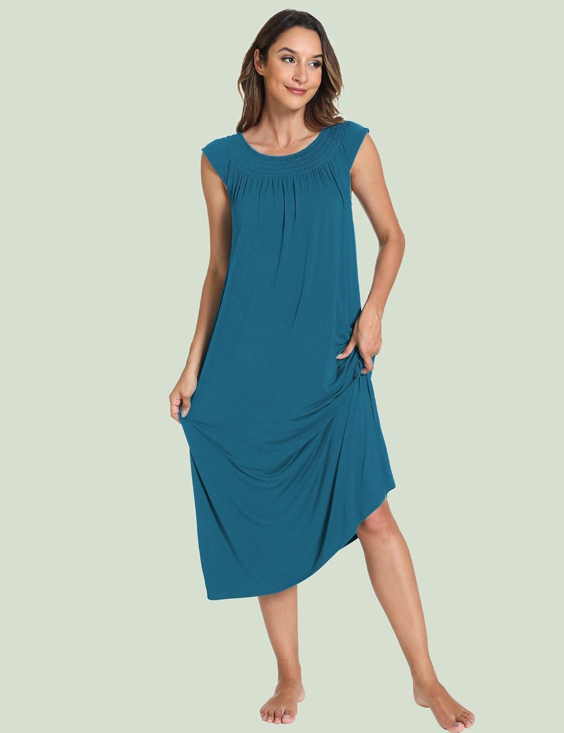 imageGYS Womens Nightgowns Short Sleeve Sleep Shirts Soft Smocked Nighties Sleepwear Viscose Made from BambooTeal Blue