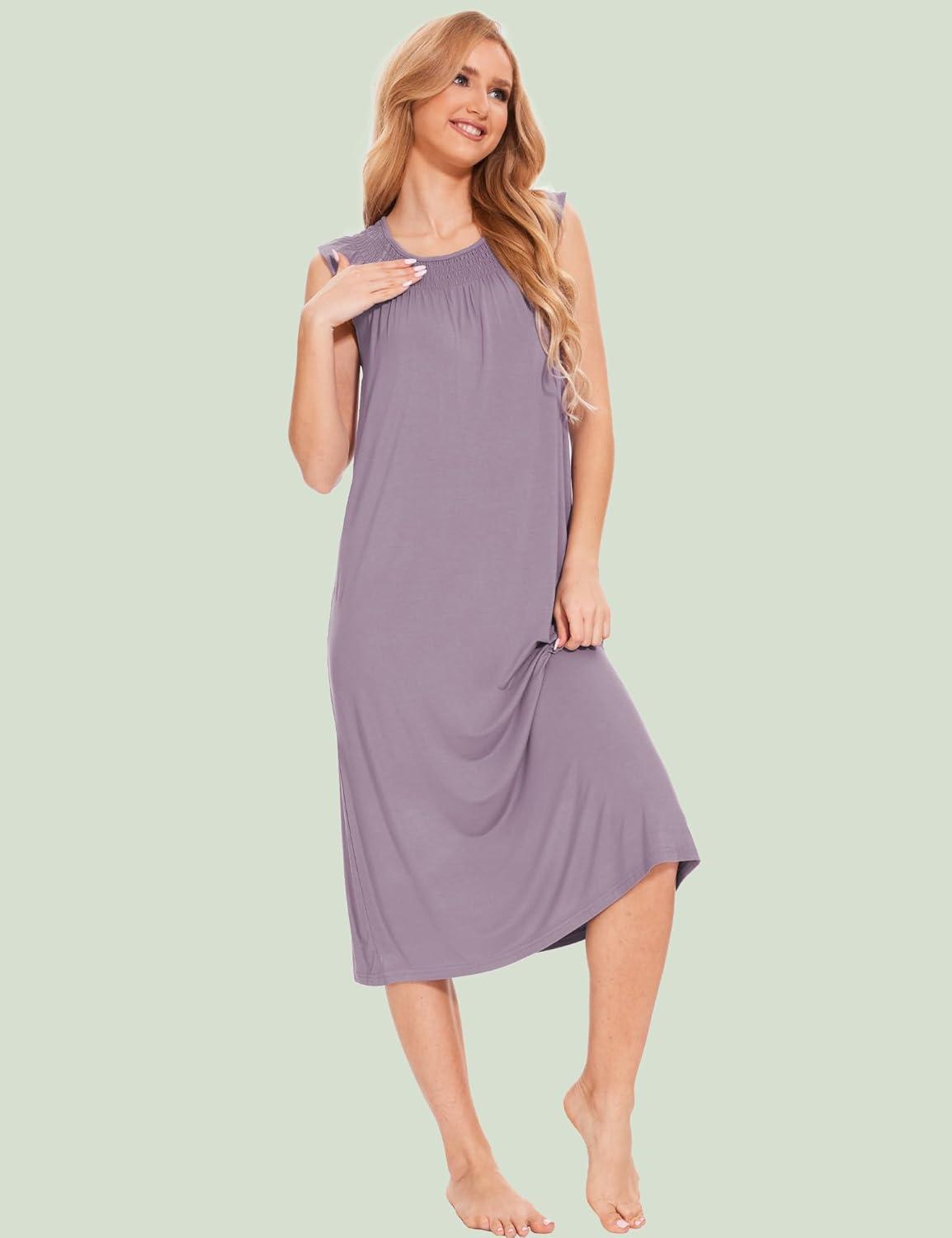 imageGYS Womens Nightgowns Short Sleeve Sleep Shirts Soft Smocked Nighties Sleepwear Viscose Made from BambooViolet