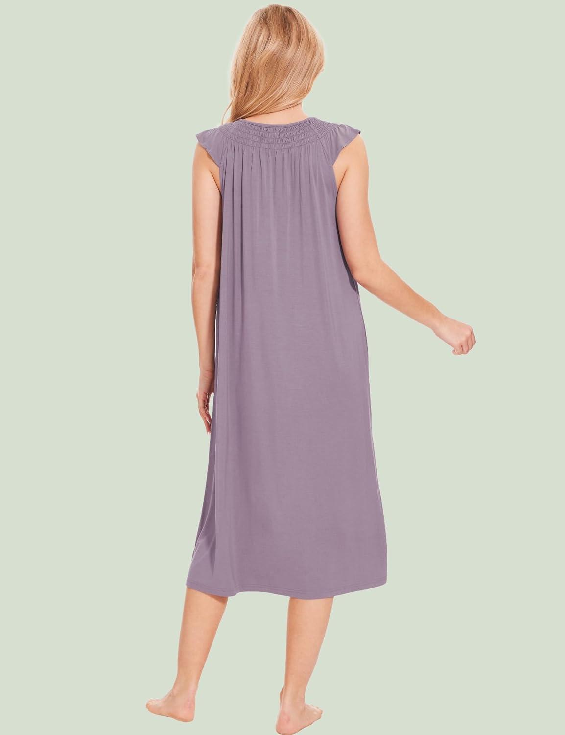 imageGYS Womens Nightgowns Short Sleeve Sleep Shirts Soft Smocked Nighties Sleepwear Viscose Made from BambooViolet