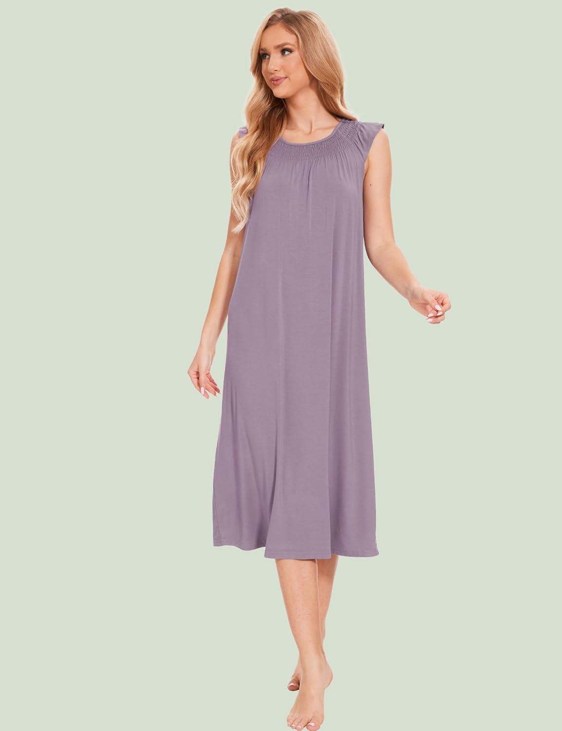 imageGYS Womens Nightgowns Short Sleeve Sleep Shirts Soft Smocked Nighties Sleepwear Viscose Made from BambooViolet