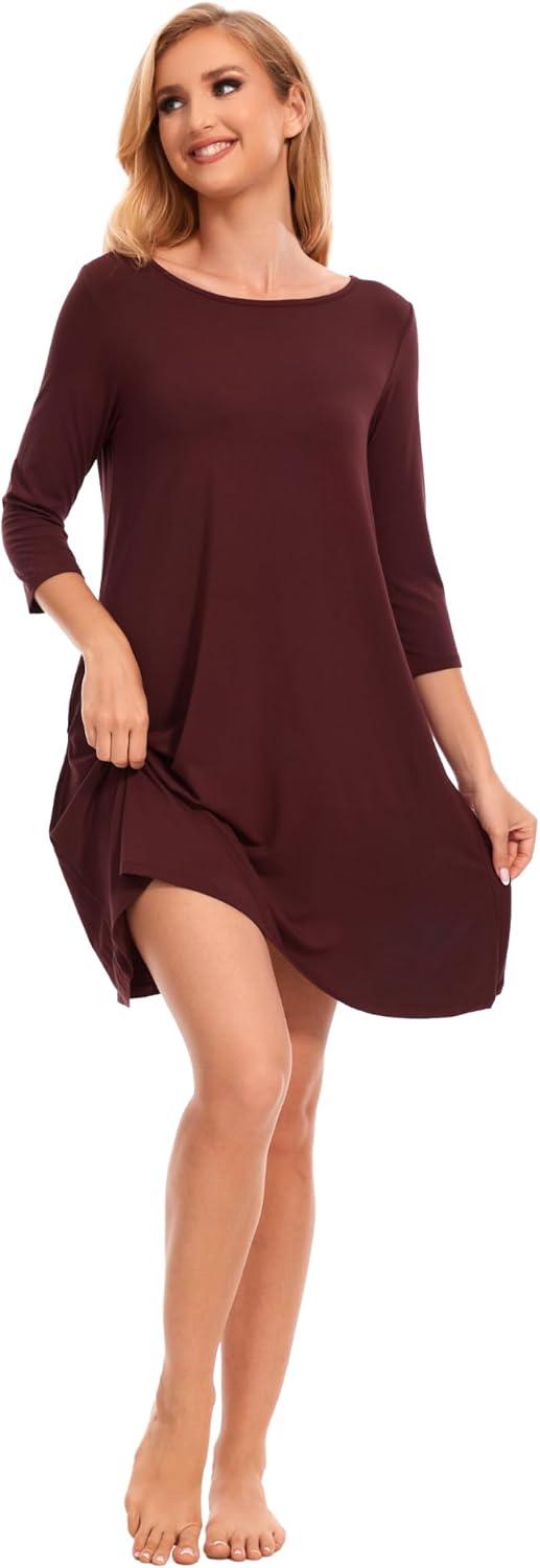 imageGYS Womens Nightgowns with Pockets Soft Bamboo Viscose 34 Sleeve Nightshirts SleepwearFicus Red