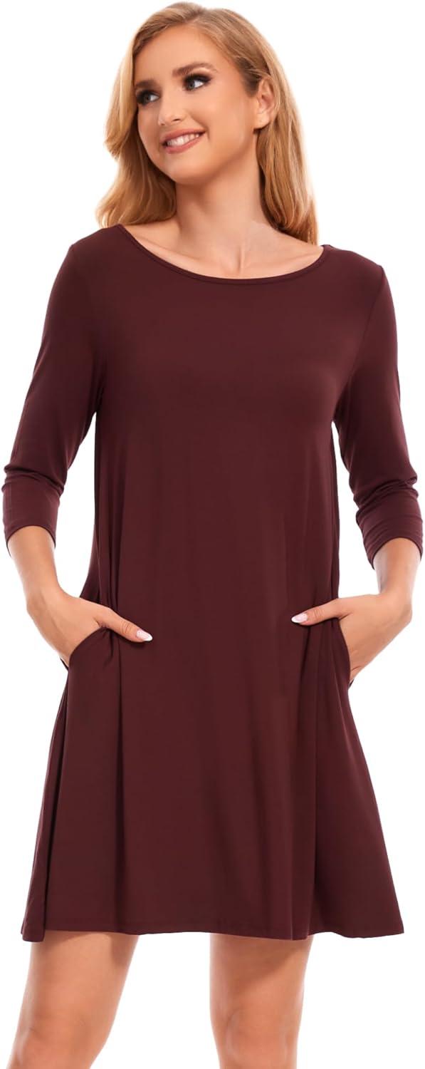 imageGYS Womens Nightgowns with Pockets Soft Bamboo Viscose 34 Sleeve Nightshirts SleepwearFicus Red