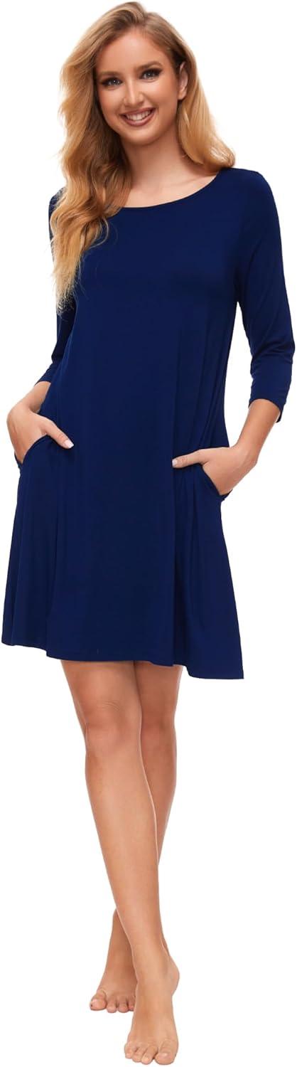 imageGYS Womens Nightgowns with Pockets Soft Bamboo Viscose 34 Sleeve Nightshirts SleepwearNavy