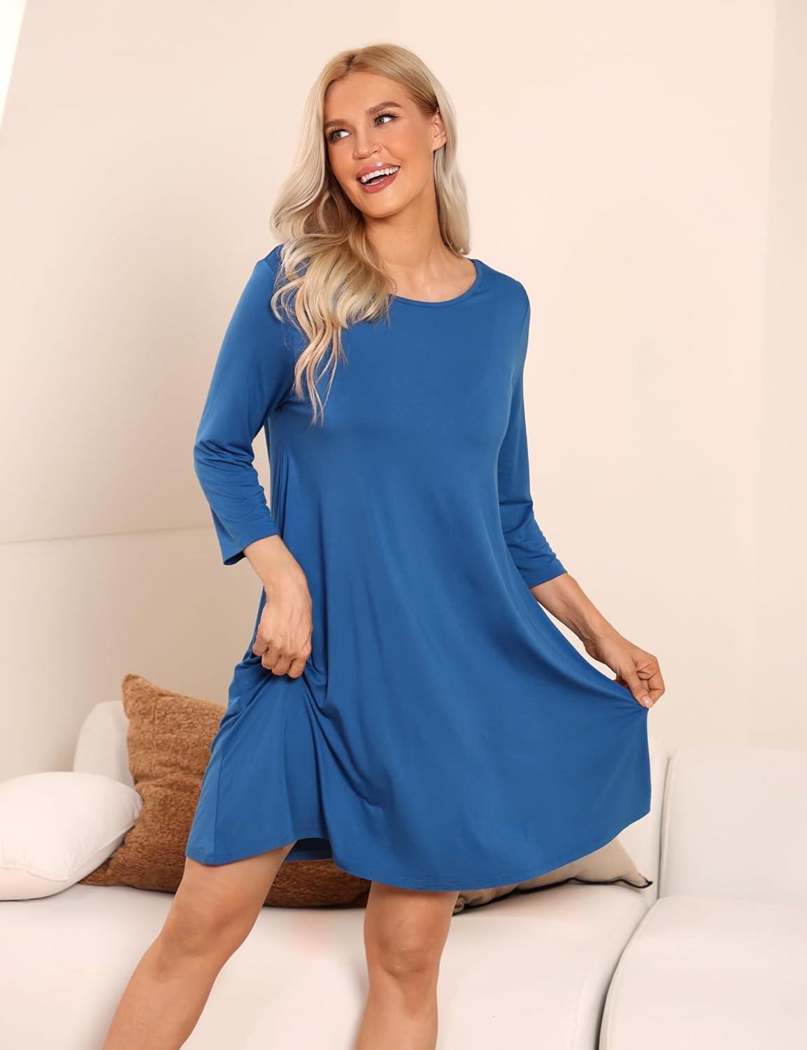imageGYS Womens Nightgowns with Pockets Soft Bamboo Viscose 34 Sleeve Nightshirts SleepwearPrussian Blue