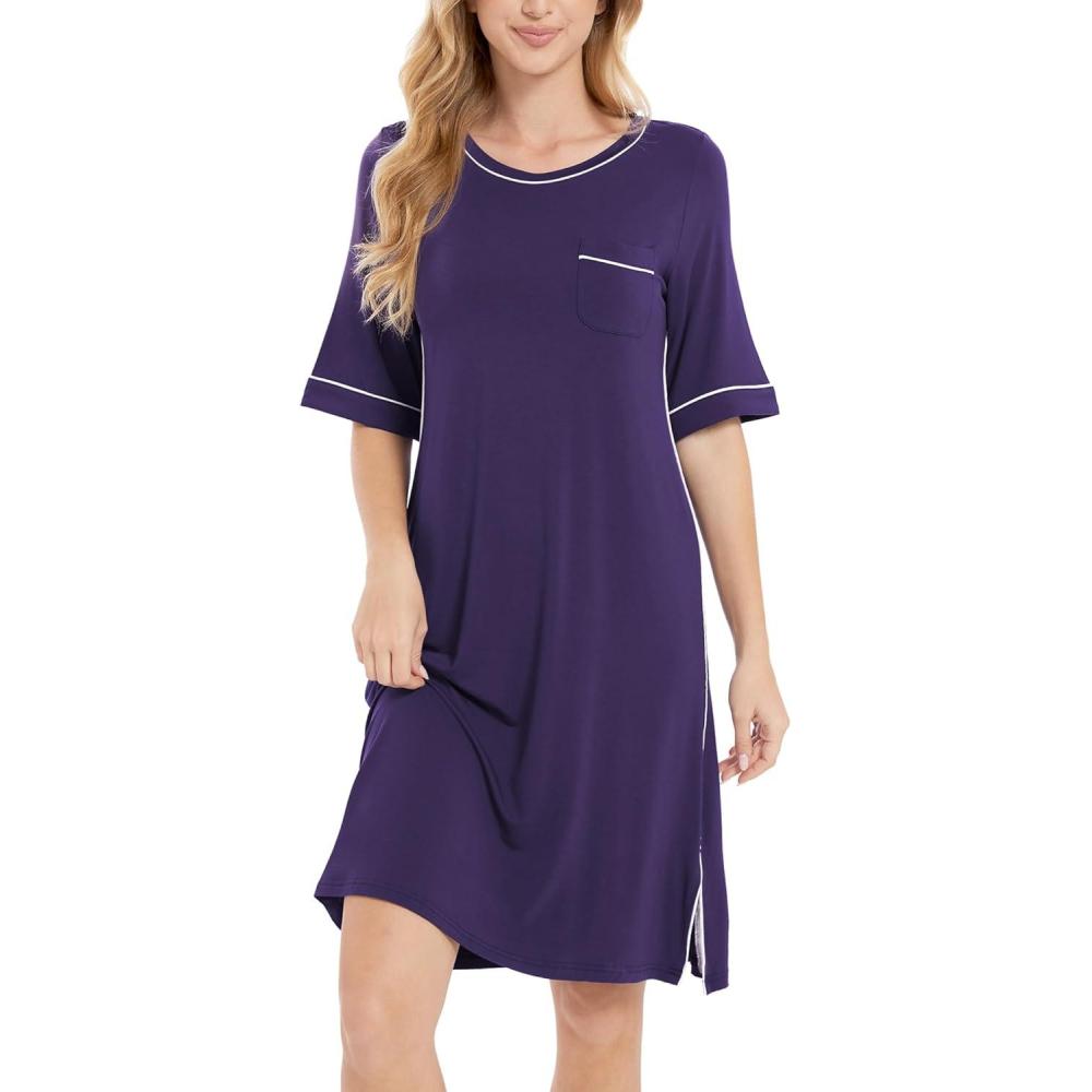 imageGYS Bamboo Viscose Nightgowns for Women Short Sleeve Crewneck Sleep ShirtPurple