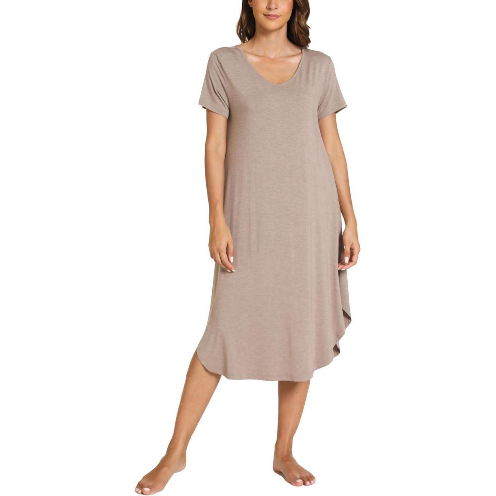 imageGYS Bamboo Viscose Nightgowns for Women Short Sleeve V Neck Night Shirts with PocketsCamel