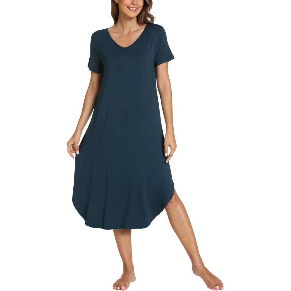 imageGYS Bamboo Viscose Nightgowns for Women Short Sleeve V Neck Night Shirts with PocketsDarkcyan