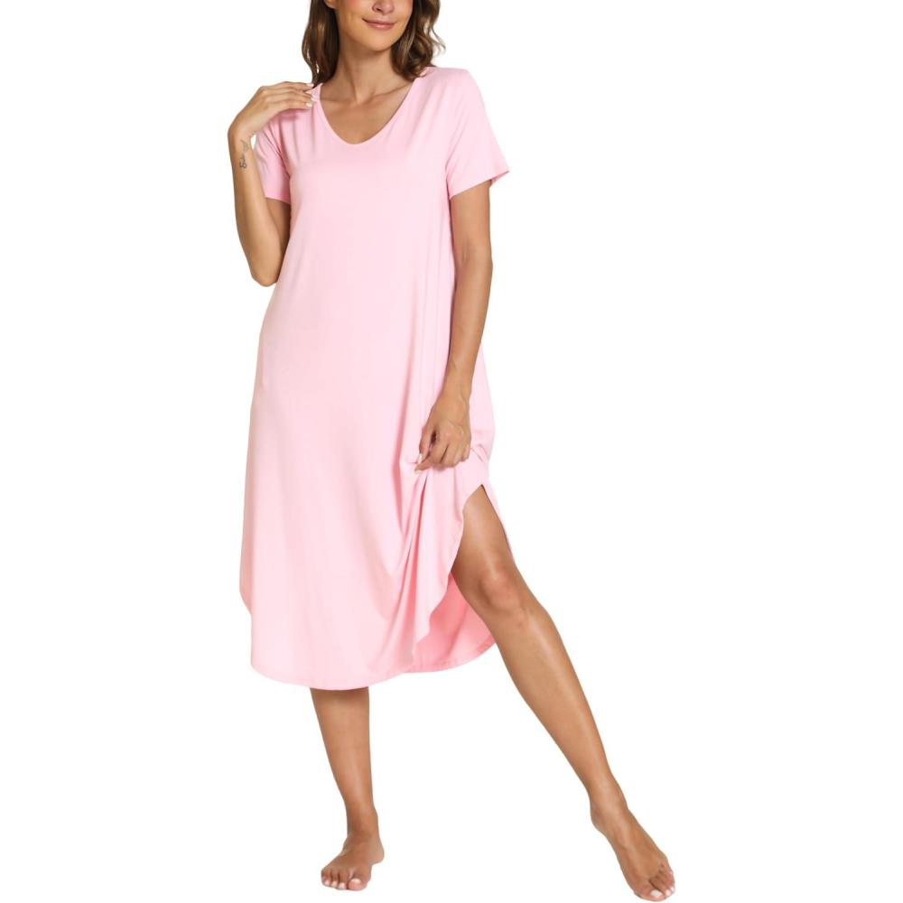imageGYS Bamboo Viscose Nightgowns for Women Short Sleeve V Neck Night Shirts with PocketsPink