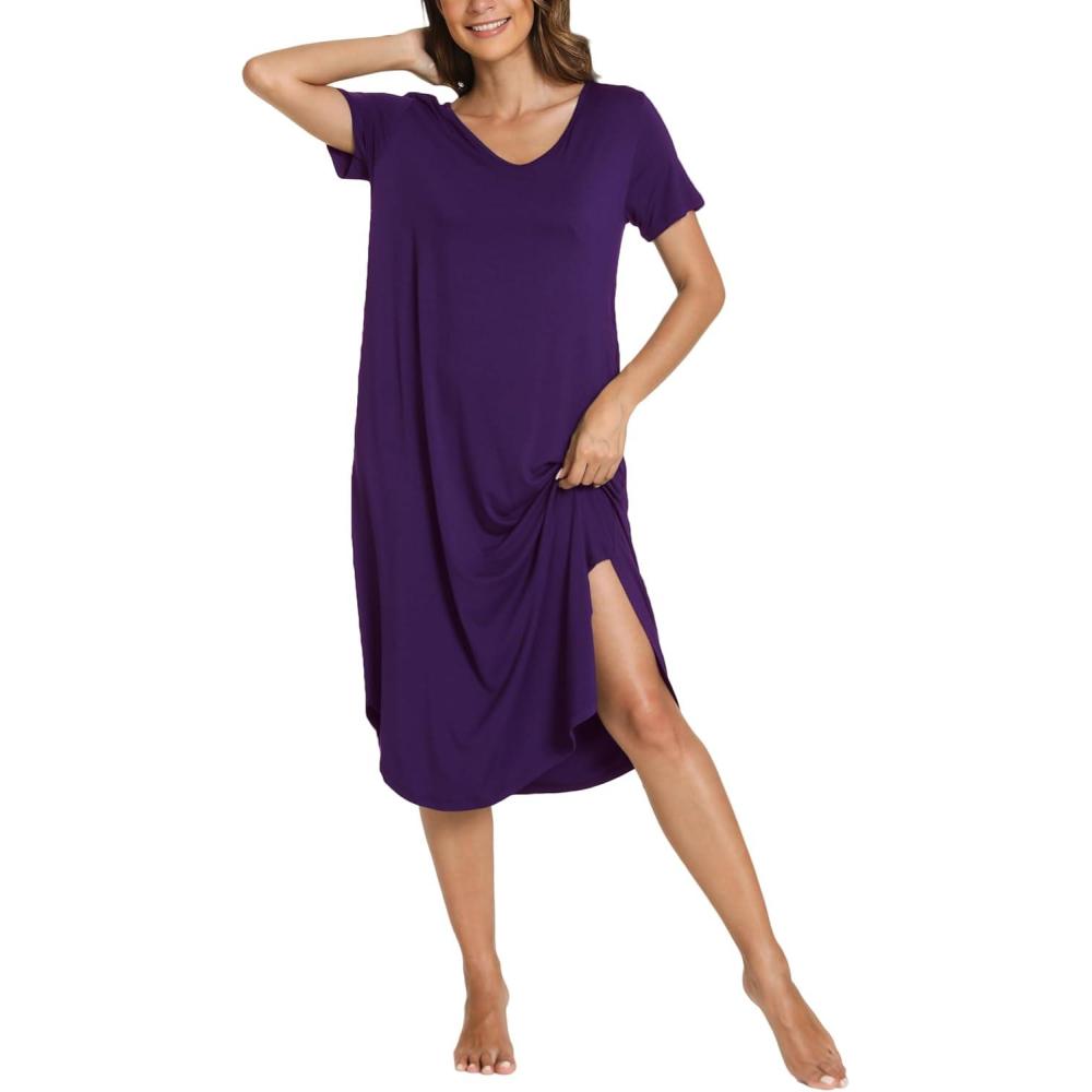 imageGYS Bamboo Viscose Nightgowns for Women Short Sleeve V Neck Night Shirts with PocketsPurple
