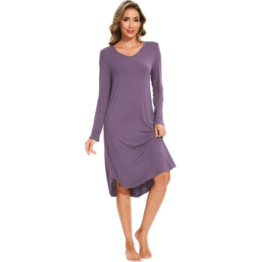 imageGYS Bamboo Viscose Nightgowns for Women Soft Long Sleeve V Neck Night Shirts Sleepwear Below the Knee Long Nightgown PajamaAir Purple