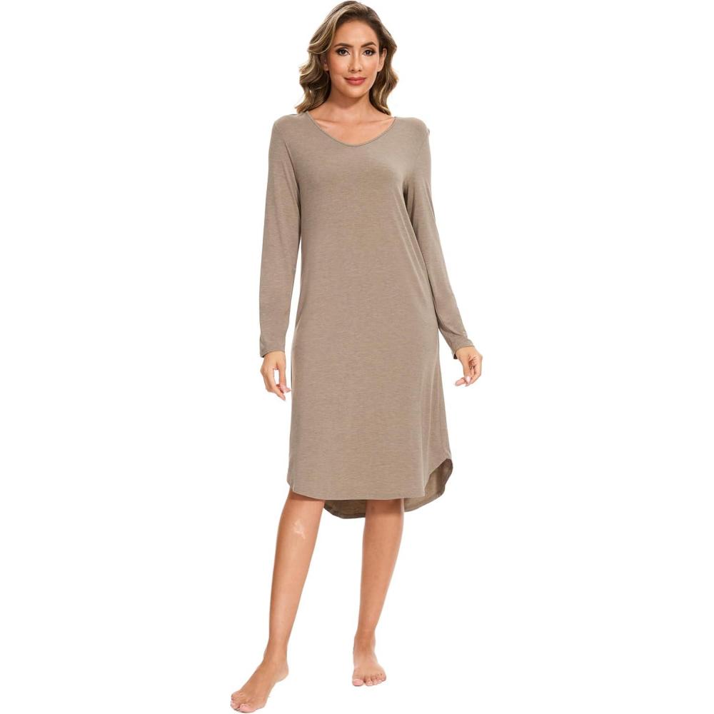 imageGYS Bamboo Viscose Nightgowns for Women Soft Long Sleeve V Neck Night Shirts Sleepwear Below the Knee Long Nightgown PajamaCamel