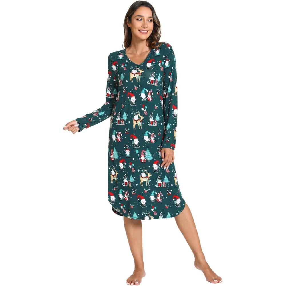 imageGYS Bamboo Viscose Nightgowns for Women Soft Long Sleeve V Neck Night Shirts Sleepwear Below the Knee Long Nightgown PajamaChristmas Green