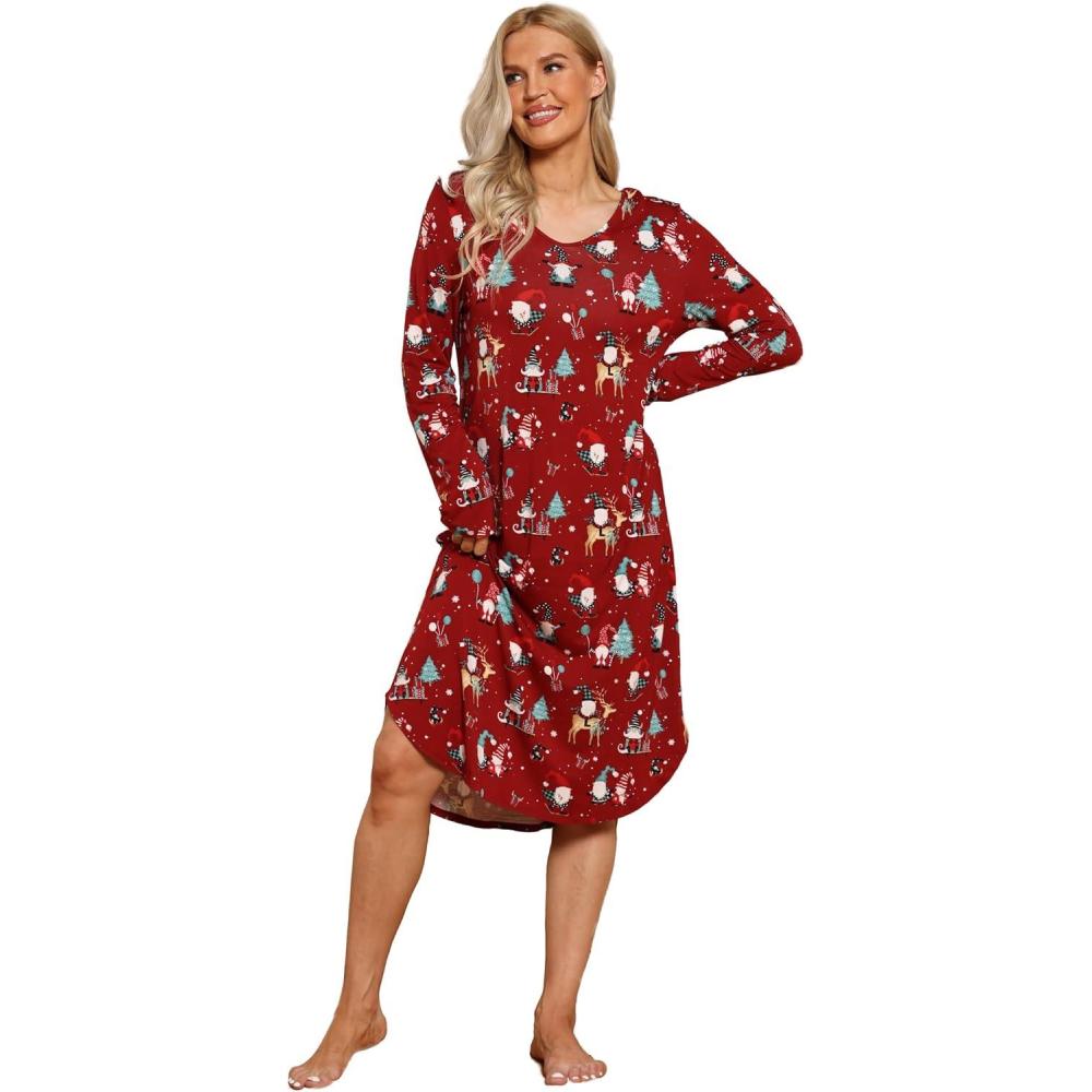 imageGYS Bamboo Viscose Nightgowns for Women Soft Long Sleeve V Neck Night Shirts Sleepwear Below the Knee Long Nightgown PajamaChristmas Red