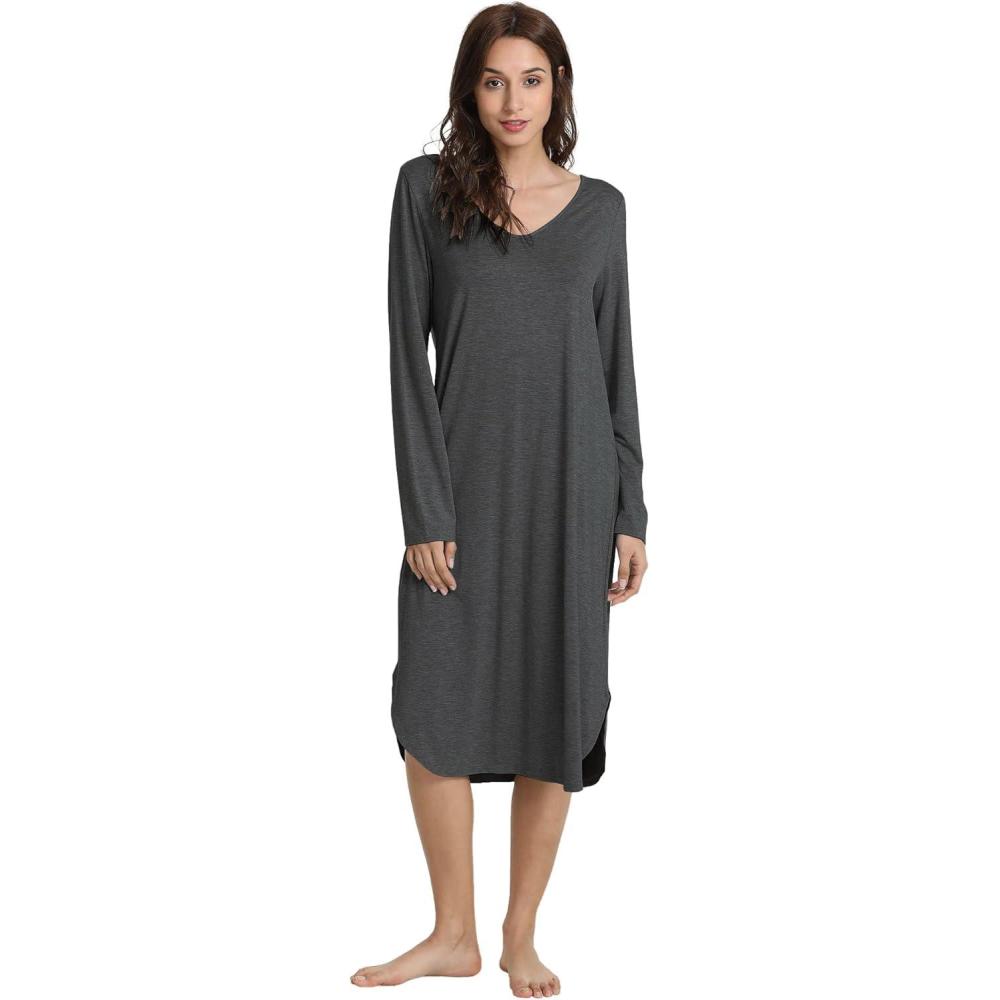 imageGYS Bamboo Viscose Nightgowns for Women Soft Long Sleeve V Neck Night Shirts Sleepwear Below the Knee Long Nightgown PajamaDark Heather Grey
