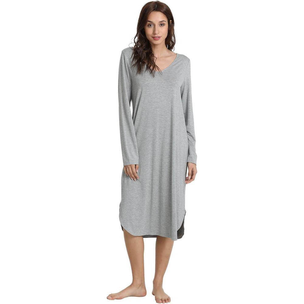 imageGYS Bamboo Viscose Nightgowns for Women Soft Long Sleeve V Neck Night Shirts Sleepwear Below the Knee Long Nightgown PajamaHeather Grey