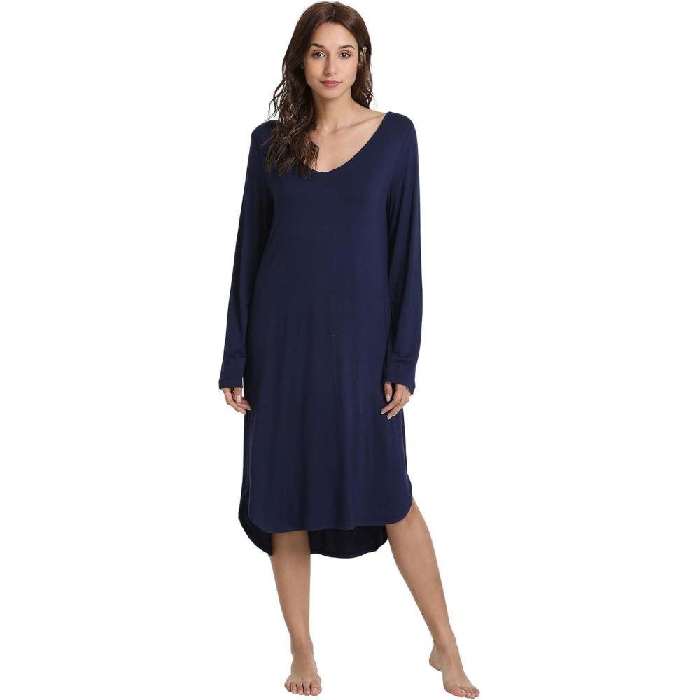 imageGYS Bamboo Viscose Nightgowns for Women Soft Long Sleeve V Neck Night Shirts Sleepwear Below the Knee Long Nightgown PajamaNavy