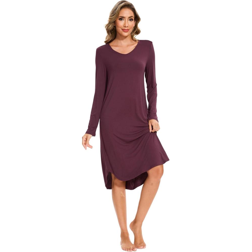 imageGYS Bamboo Viscose Nightgowns for Women Soft Long Sleeve V Neck Night Shirts Sleepwear Below the Knee Long Nightgown PajamaPrune Purple