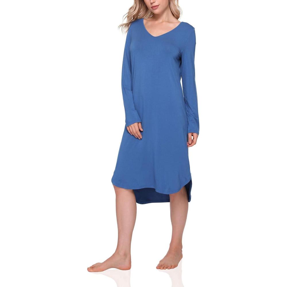 imageGYS Bamboo Viscose Nightgowns for Women Soft Long Sleeve V Neck Night Shirts Sleepwear Below the Knee Long Nightgown PajamaPrussian Blue