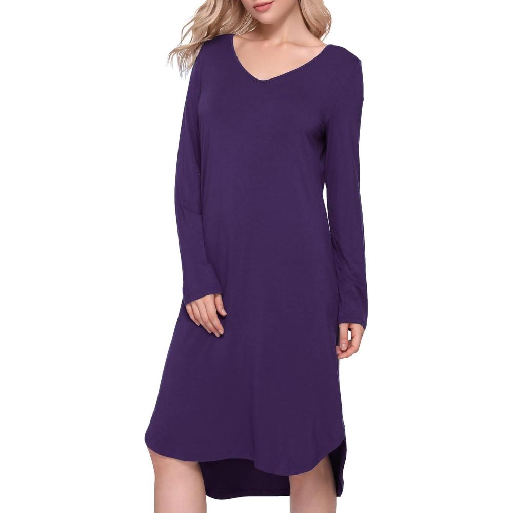 imageGYS Bamboo Viscose Nightgowns for Women Soft Long Sleeve V Neck Night Shirts Sleepwear Below the Knee Long Nightgown PajamaPurple