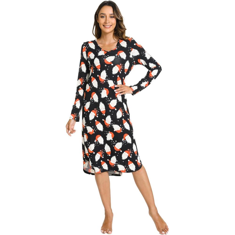imageGYS Bamboo Viscose Nightgowns for Women Soft Long Sleeve V Neck Night Shirts Sleepwear Below the Knee Long Nightgown PajamaSanta Claus Black