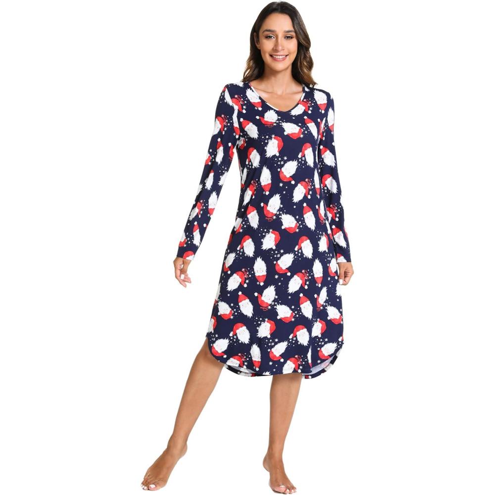 imageGYS Bamboo Viscose Nightgowns for Women Soft Long Sleeve V Neck Night Shirts Sleepwear Below the Knee Long Nightgown PajamaSanta Claus Navy