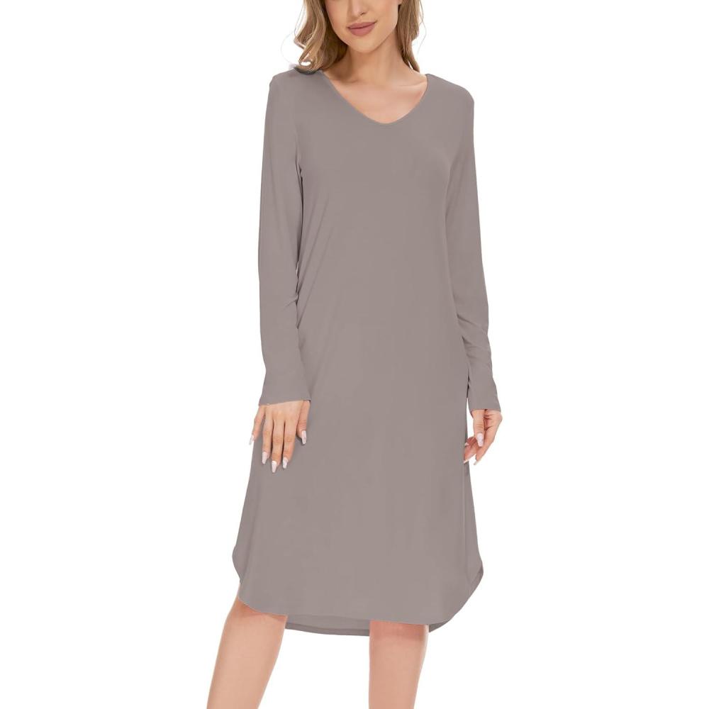 imageGYS Bamboo Viscose Nightgowns for Women Soft Long Sleeve V Neck Night Shirts Sleepwear Below the Knee Long Nightgown PajamaTaupe