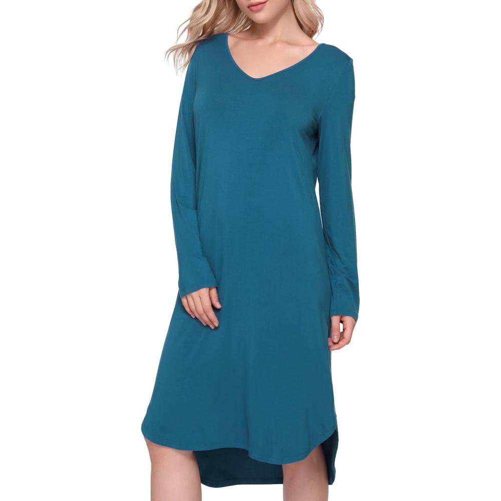 imageGYS Bamboo Viscose Nightgowns for Women Soft Long Sleeve V Neck Night Shirts Sleepwear Below the Knee Long Nightgown PajamaTeal Blue