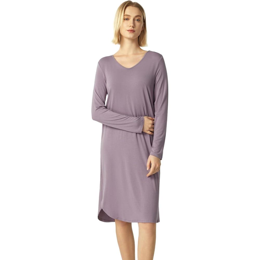imageGYS Bamboo Viscose Nightgowns for Women Soft Long Sleeve V Neck Night Shirts Sleepwear Below the Knee Long Nightgown PajamaViolet
