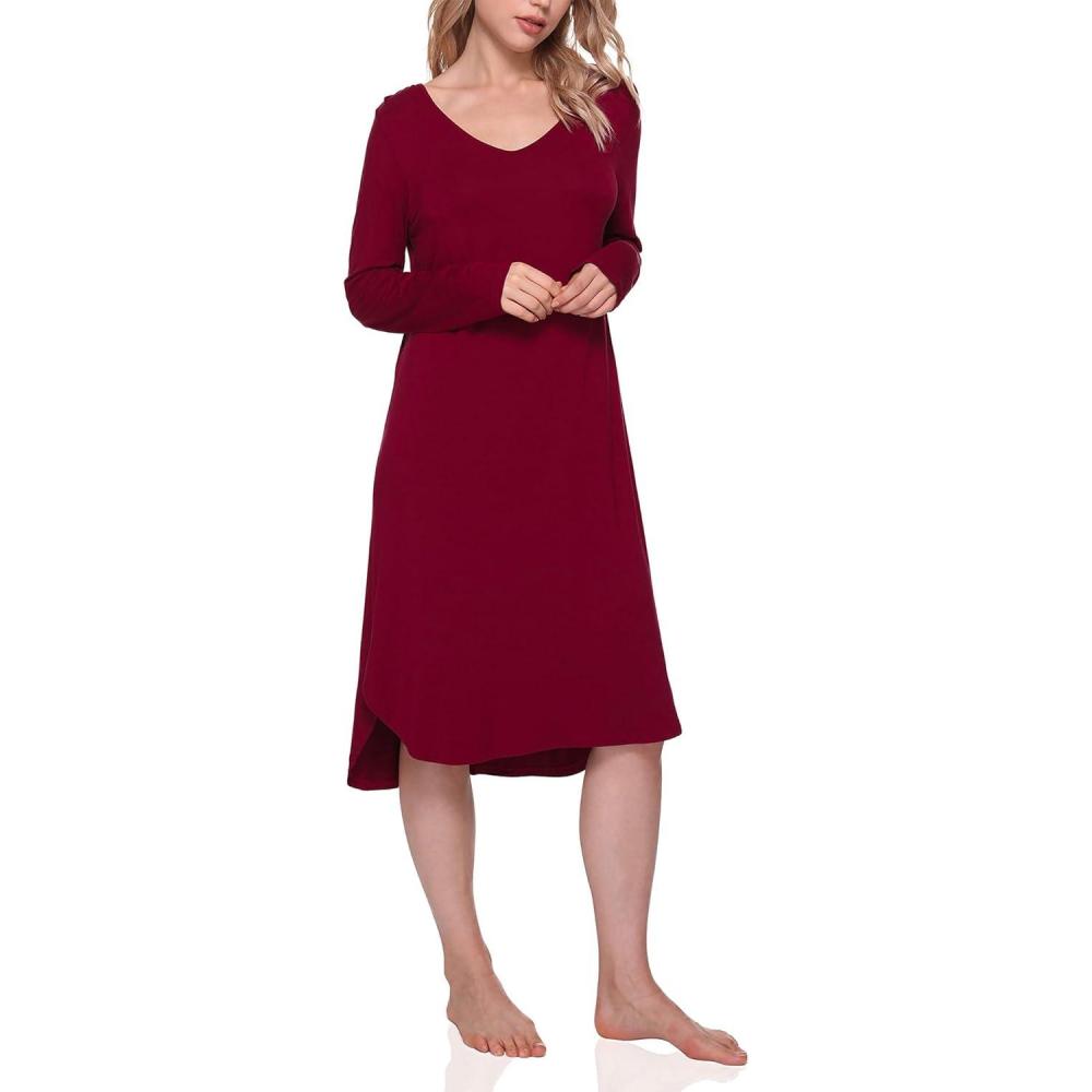imageGYS Bamboo Viscose Nightgowns for Women Soft Long Sleeve V Neck Night Shirts Sleepwear Below the Knee Long Nightgown PajamaWine
