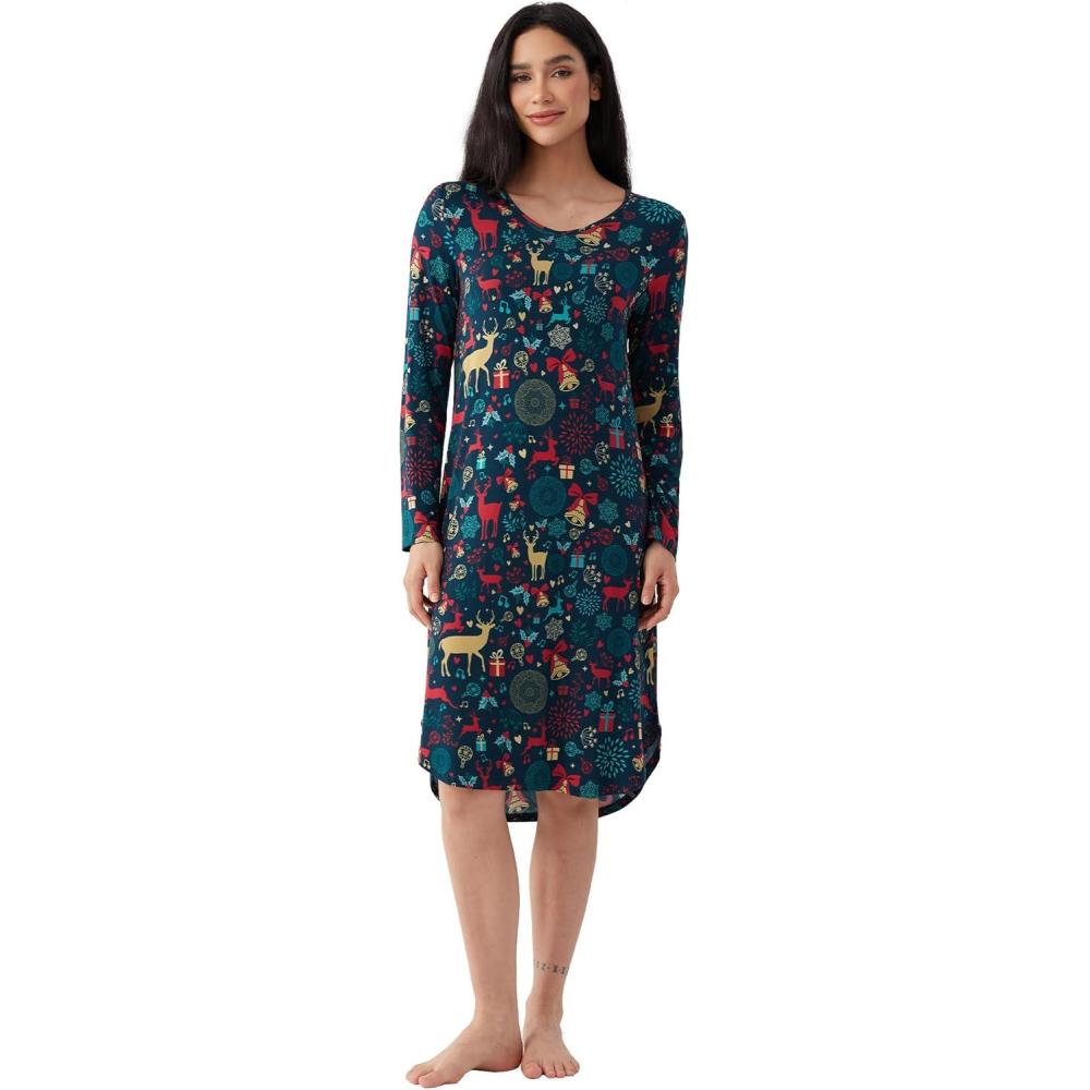 imageGYS Bamboo Viscose Nightgowns for Women Soft Long Sleeve V Neck Night Shirts Sleepwear Below the Knee Long Nightgown PajamaXmas Chaos