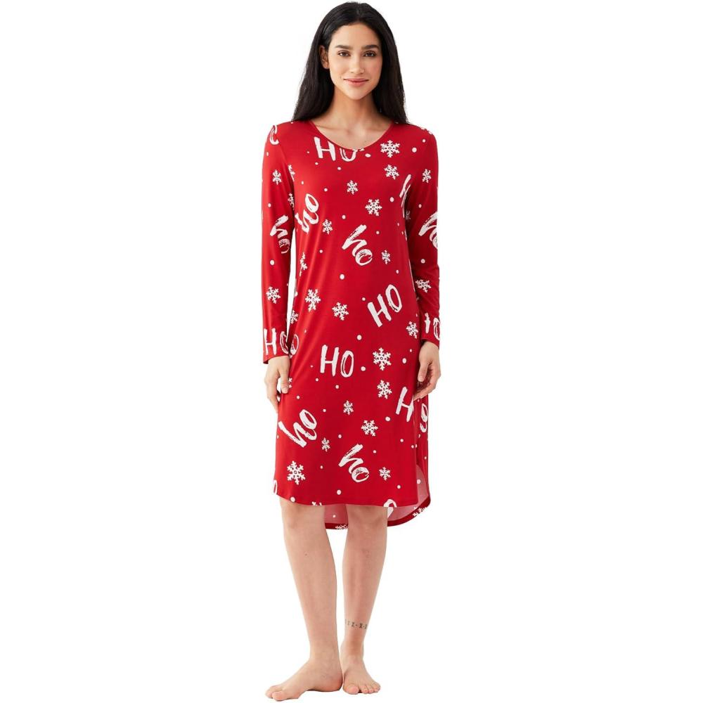 imageGYS Bamboo Viscose Nightgowns for Women Soft Long Sleeve V Neck Night Shirts Sleepwear Below the Knee Long Nightgown PajamaXmas Red