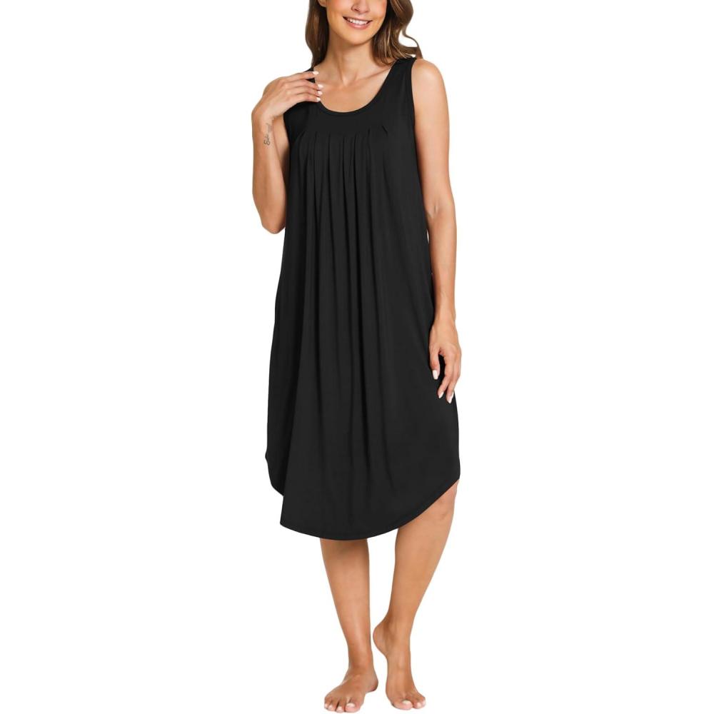 imageGYS Bamboo Viscose Nightgowns for Women Soft Sleeveless Pleated Night DressBlack