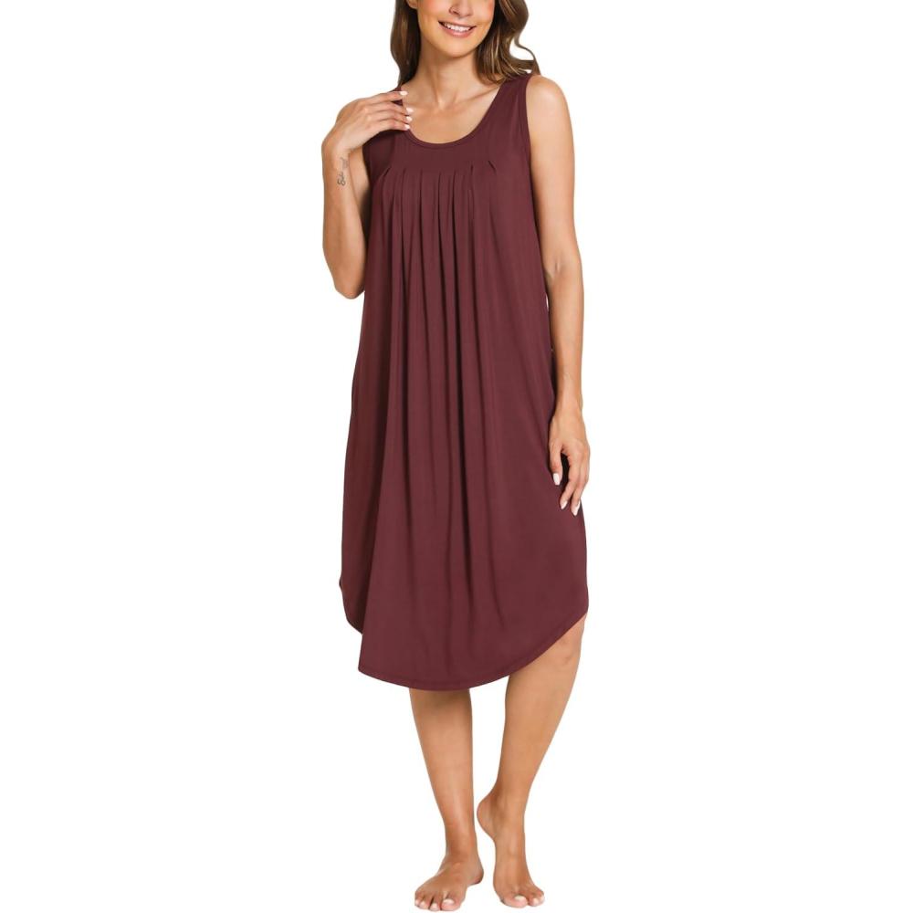 imageGYS Bamboo Viscose Nightgowns for Women Soft Sleeveless Pleated Night DressFicus Red