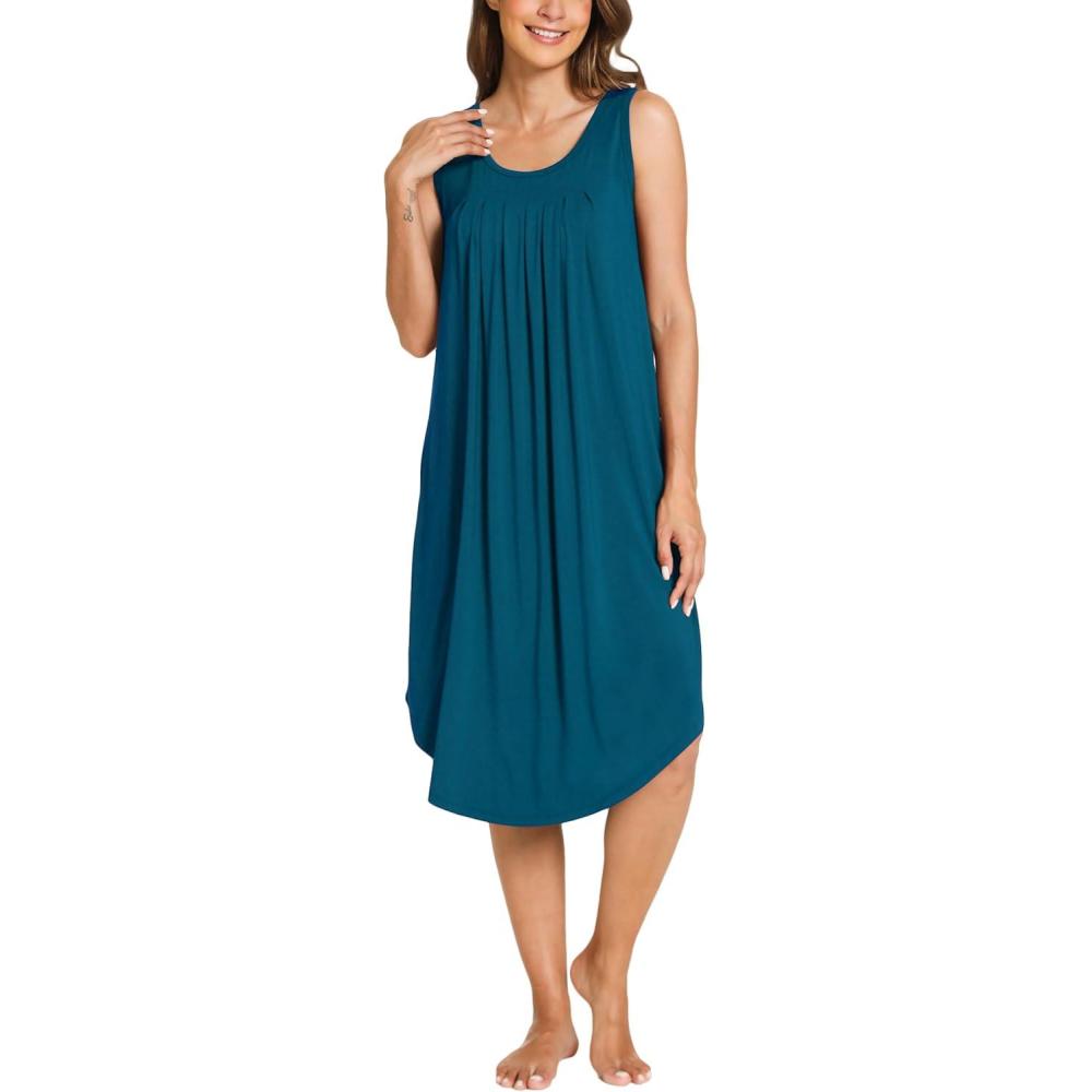 imageGYS Bamboo Viscose Nightgowns for Women Soft Sleeveless Pleated Night DressPeacock Blue