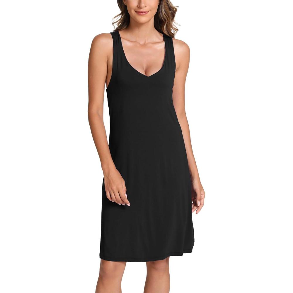 imageGYS Bamboo Viscose Sleeveless Nightgowns for Women Vneck Wide Strap Sleep ShirtBlack