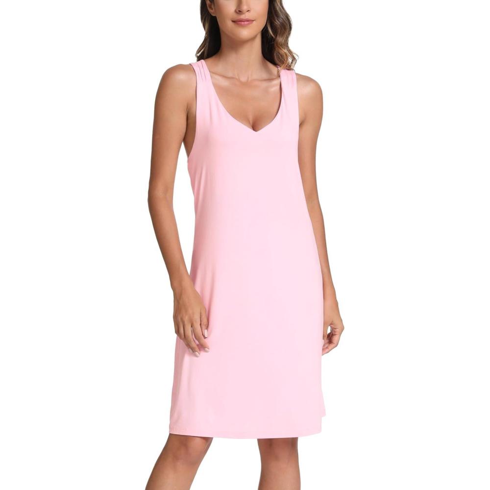 imageGYS Bamboo Viscose Sleeveless Nightgowns for Women Vneck Wide Strap Sleep ShirtPink