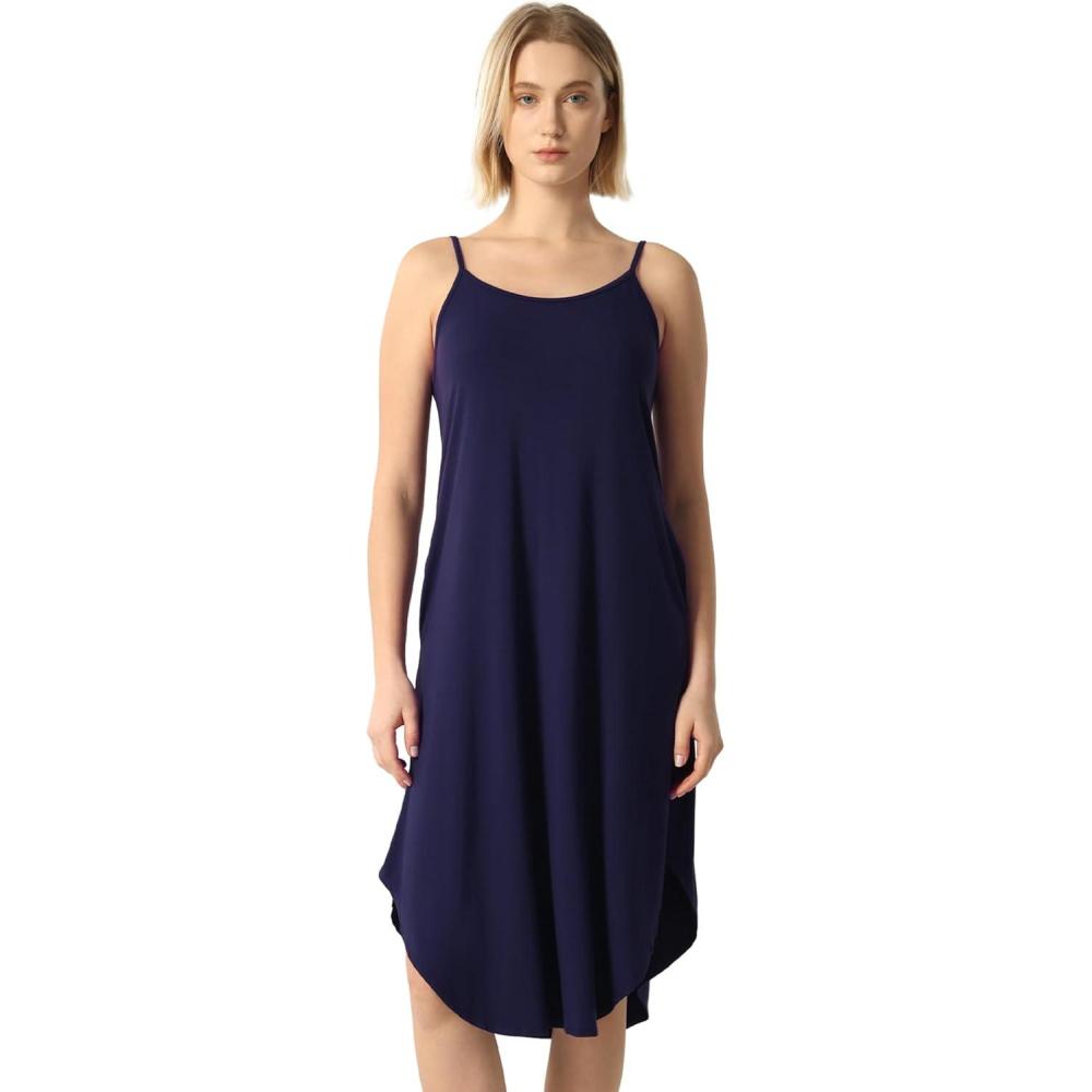 imageGYS Bamboo Viscose Slip Dress Sleeveless Nightgown Sleepwear with Pockets Spaghetti Strap Dresses for Women Sleep ChemiseNavy