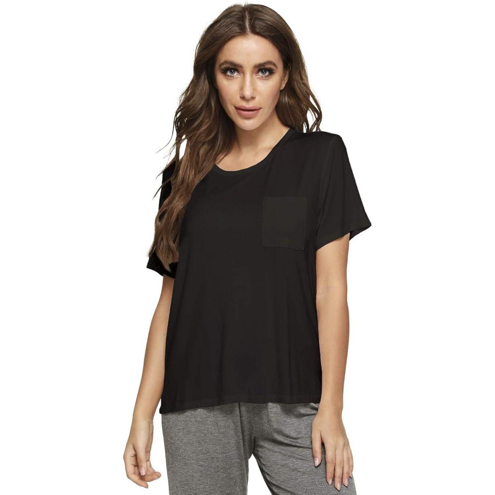 imageGYS Bamboo Viscose T Shirts for Women Soft Short Sleeve Pajama Shirt Lounge Top Comfy Casual TeeBlack