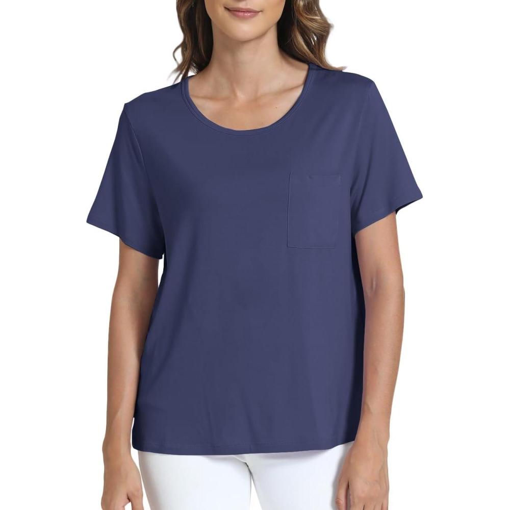 imageGYS Bamboo Viscose T Shirts for Women Soft Short Sleeve Pajama Shirt Lounge Top Comfy Casual TeeIndigo Blue