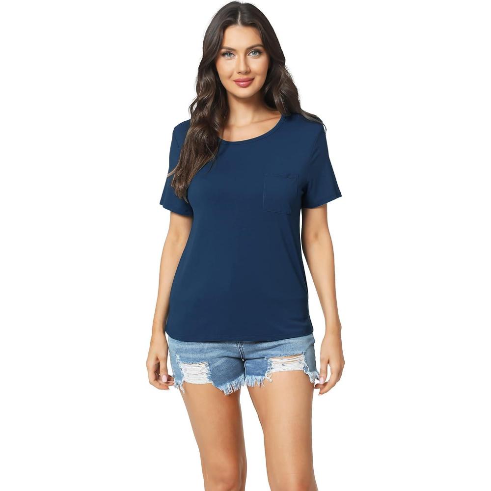 imageGYS Bamboo Viscose T Shirts for Women Soft Short Sleeve Pajama Shirt Lounge Top Comfy Casual TeeNavy