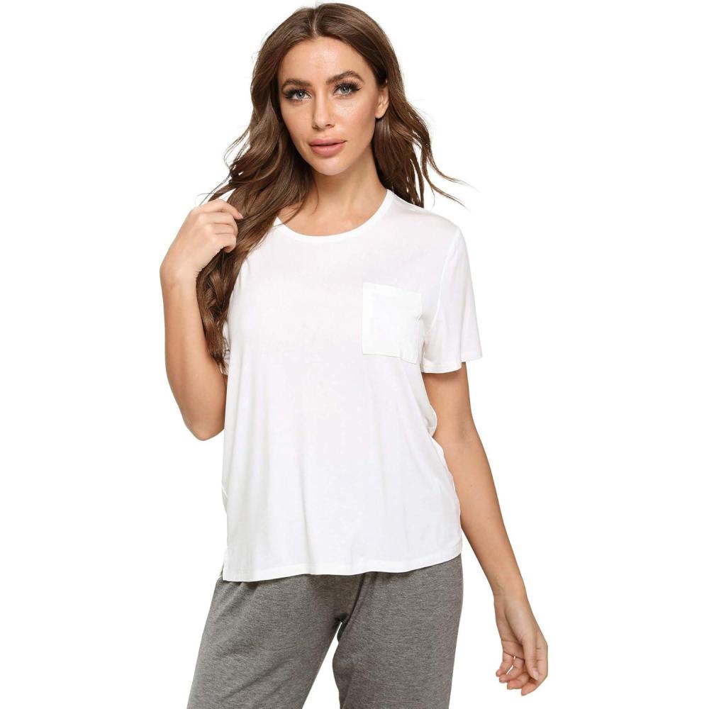 imageGYS Bamboo Viscose T Shirts for Women Soft Short Sleeve Pajama Shirt Lounge Top Comfy Casual TeeWhite