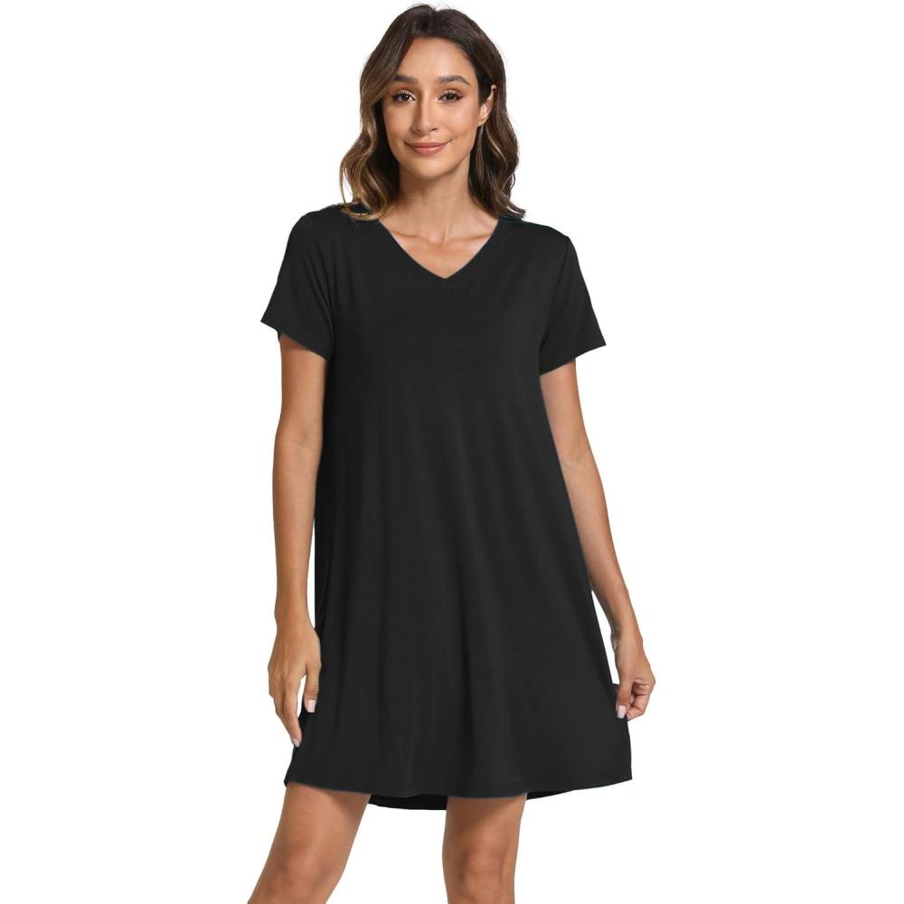 imageGYS Bamboo Viscose Womens Nightgowns Classic Short Sleeve V Neck Sleep DressBlack