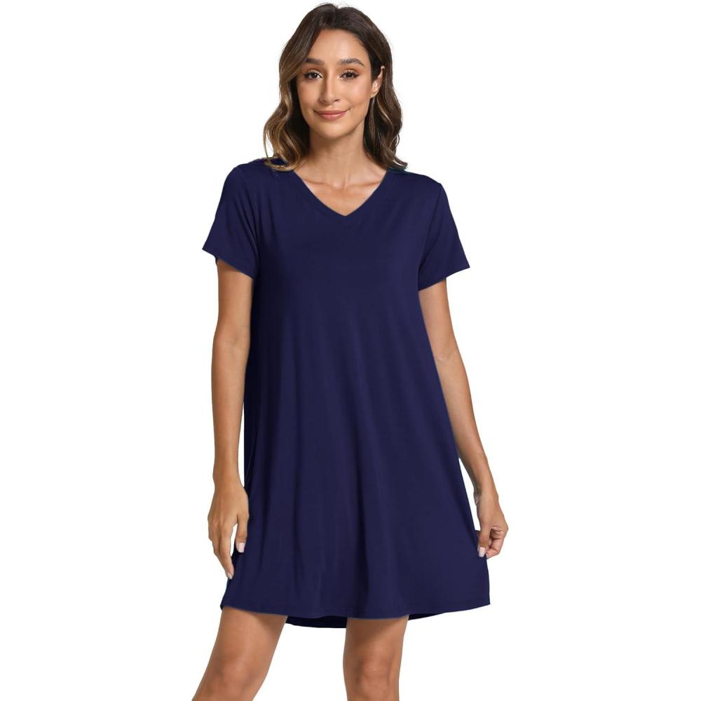 imageGYS Bamboo Viscose Womens Nightgowns Classic Short Sleeve V Neck Sleep DressNavy