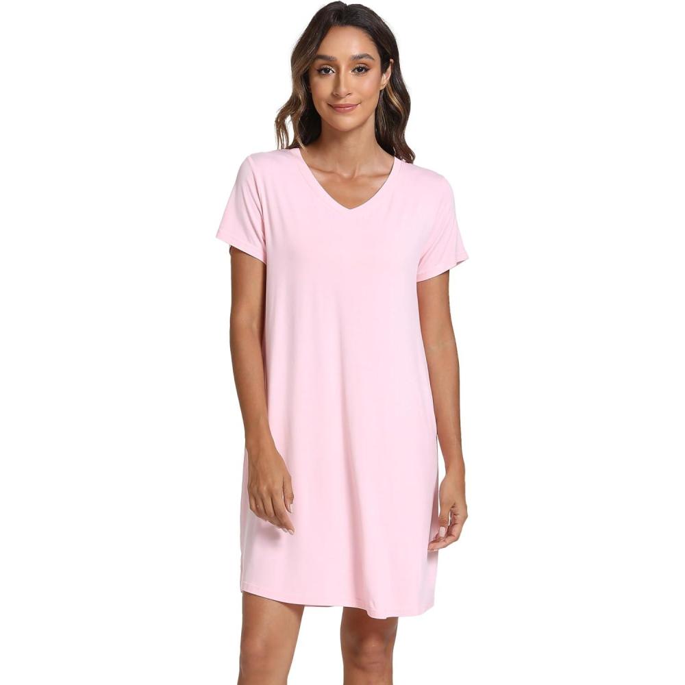 imageGYS Bamboo Viscose Womens Nightgowns Classic Short Sleeve V Neck Sleep DressPink