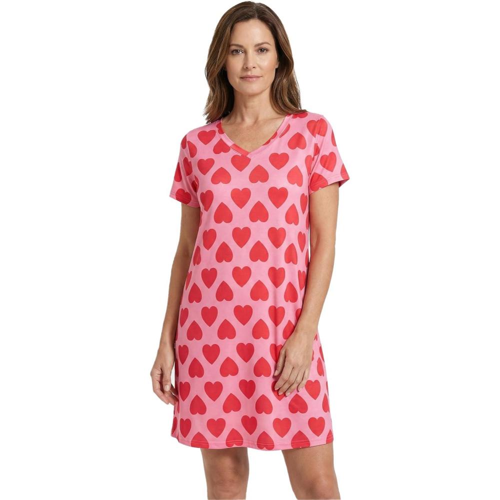 imageGYS Bamboo Viscose Womens Nightgowns Classic Short Sleeve V Neck Sleep DressPink Heart