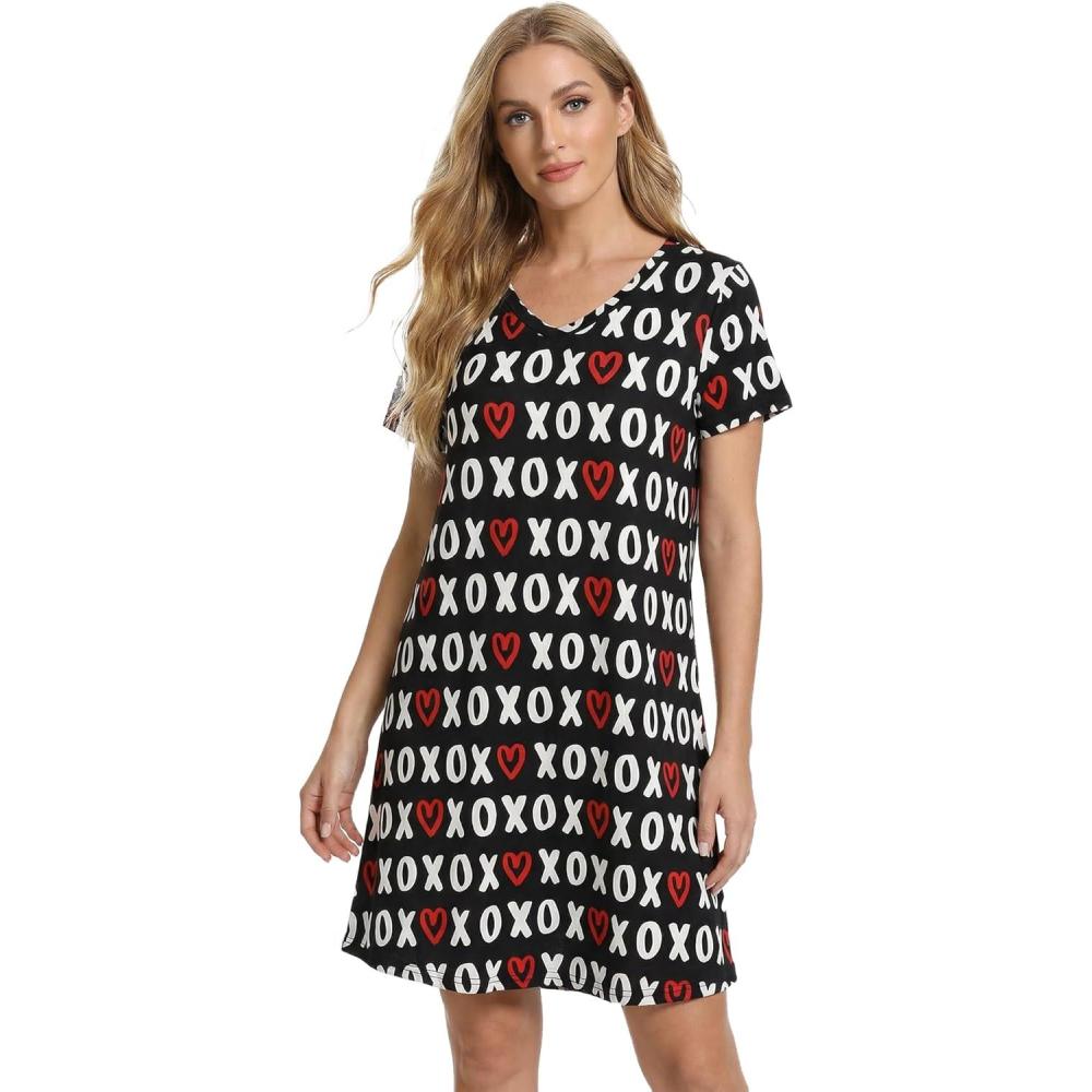 imageGYS Bamboo Viscose Womens Nightgowns Classic Short Sleeve V Neck Sleep DressXoxo