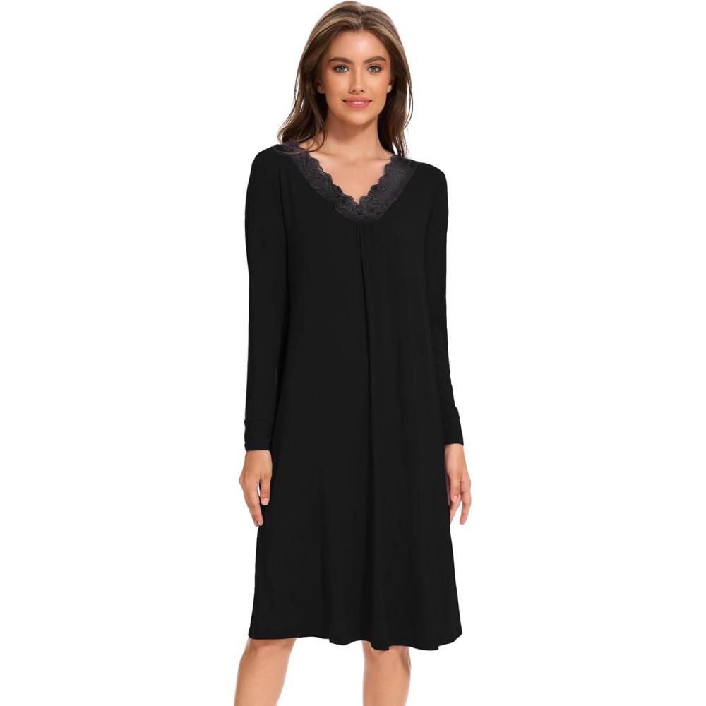 imageGYS Bamboo Viscose Womens Nightgowns Long Sleeve Lace V Neck Night Shirts for SleepingBlack