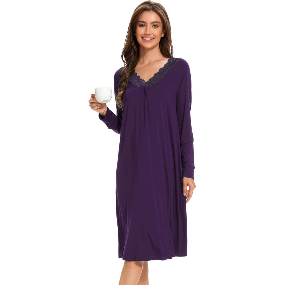 imageGYS Bamboo Viscose Womens Nightgowns Long Sleeve Lace V Neck Night Shirts for SleepingDeep Purple