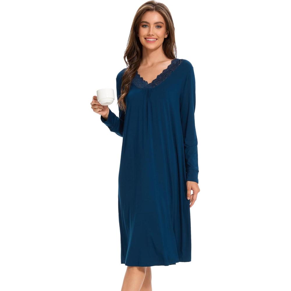 imageGYS Bamboo Viscose Womens Nightgowns Long Sleeve Lace V Neck Night Shirts for SleepingInk Blue