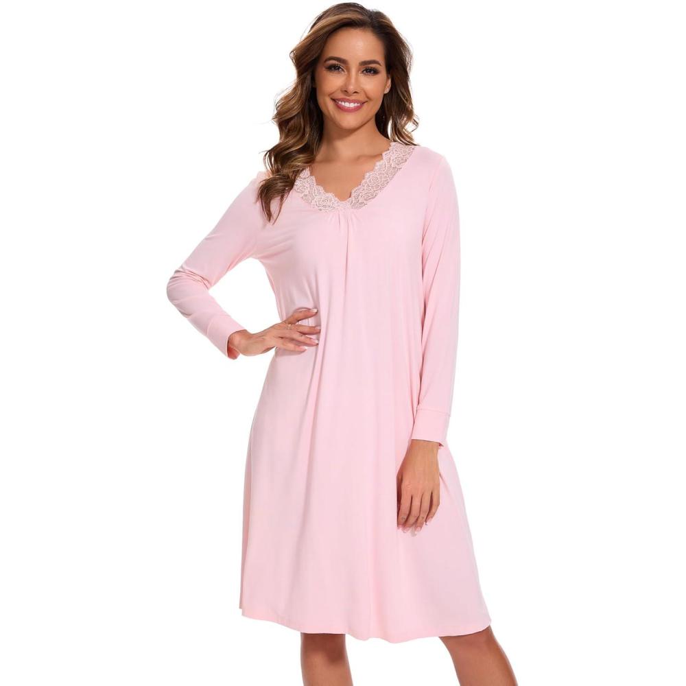 imageGYS Bamboo Viscose Womens Nightgowns Long Sleeve Lace V Neck Night Shirts for SleepingPink